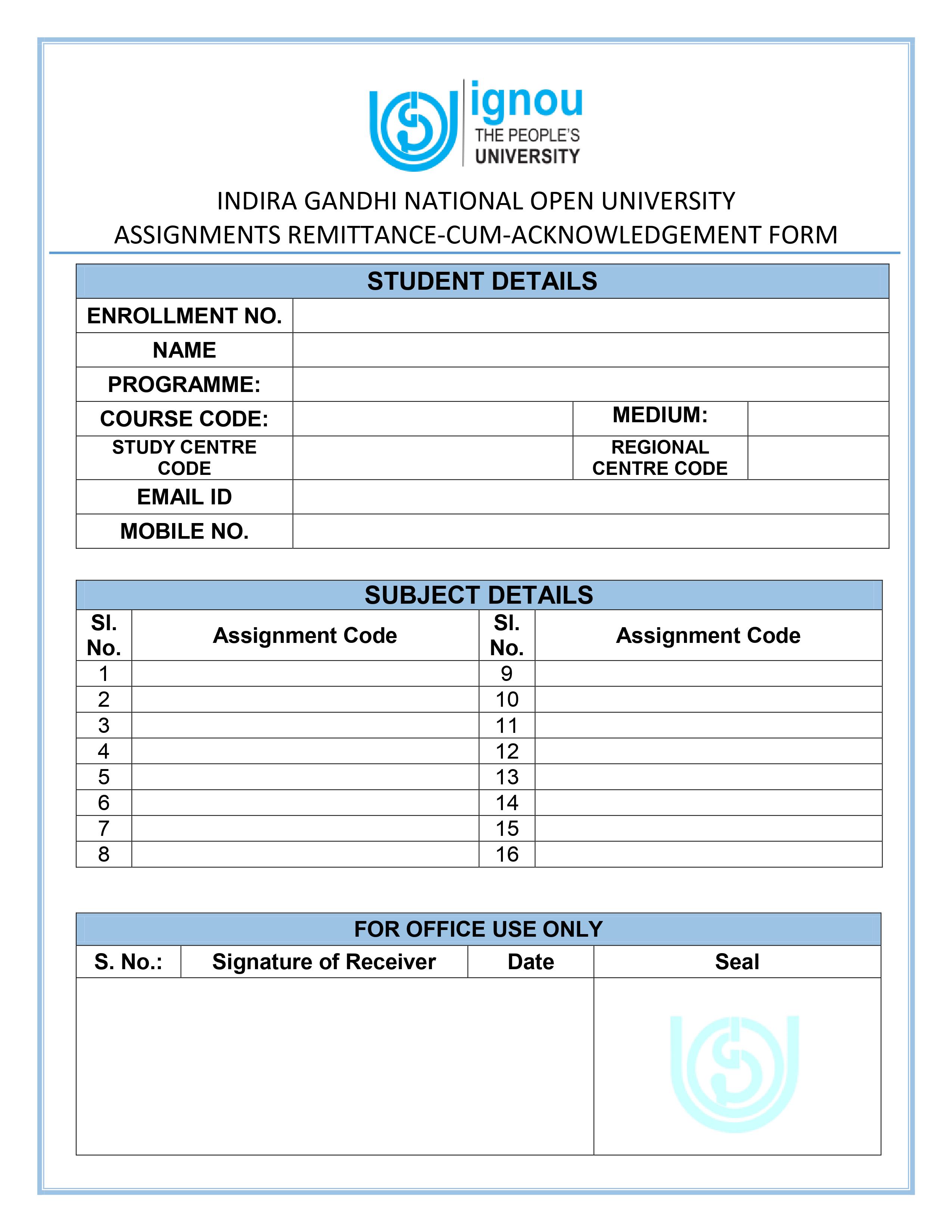 ignou assignment acknowledgement form download